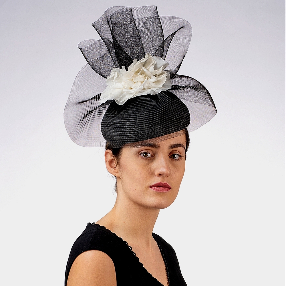 Beloved Millinery Couture Black White Flower Pillbox Hat Church Funeral Brunch - Picture 5 of 8